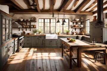 Fototapeta na wymiar A rustic farmhouse kitchen with exposed wooden beams, open shelving, and a vintage-inspired stove. Sunlight streaming through the window enhances the cozy atmosphere