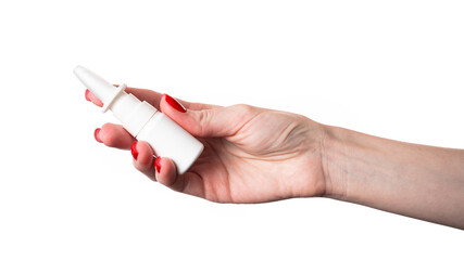 Female hand holding nasal spray on white background. Nasal spray isolated.