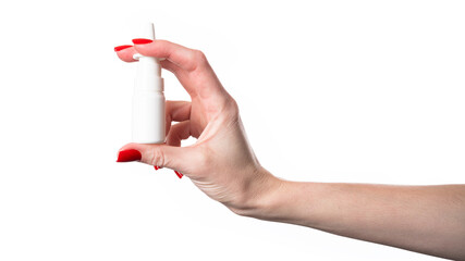 Female hand holding nasal spray on white background. Nasal spray isolated.