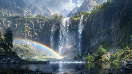 At the edge of a tranquil lake, a majestic waterfall cascades down a rocky cliff, creating a mesmerizing display of water and light.