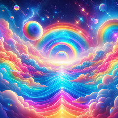 Rainbow unicorn background. Pastel glitter pink fantasy galaxy. Magic mermaid sky with bokeh. Holographic kawaii abstract space with stars and sparkles. Vector