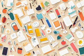 A set of playful, minimalistic bookmarks in various shapes and colors, featuring cute illustrations of school supplies - obrazy, fototapety, plakaty