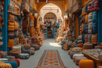 A bustling souk, where narrow alleyways lead to a treasure trove of handmade crafts, textiles, and traditional Moroccan goods. Concept of vibrant markets. Generative Ai.