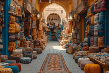 Papier Peint photo autocollant Ruelle étroite A bustling souk, where narrow alleyways lead to a treasure trove of handmade crafts, textiles, and traditional Moroccan goods. Concept of vibrant markets. Generative Ai.