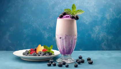 Fotobehang Blueberry milk shake glass with dressing of fruits and berry and empty plate in the corner, Generated AI © Talhashahi