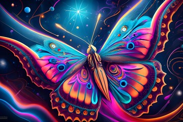 3d rendering, abstract cosmic ABSTRACT BUTTERFLY background, ultra violet neon rays, glowing lines, cyber network, speed of light, space-time continuum