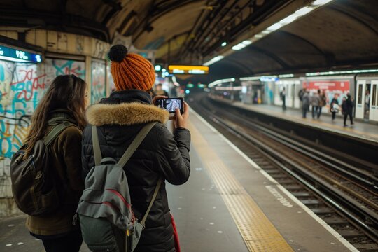Tourists in Paris, France capturing images at subway station platform.