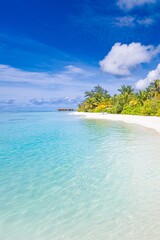 Best tropical beach landscape. Fantastic summer tourism coast, vacation destination, palm trees, white sand, sunny sky. Freedom travel, amazing sea paradise shore nature landscape. Beautiful beach
