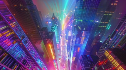 In a bustling cityscape aglow with neon lights, a towering skyscraper adorned with colossal holographic displays comes alive at night. - obrazy, fototapety, plakaty