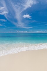 Closeup of sea waves beach blue summer sky. Panoramic beach landscape. Mediterranean sandy coast...