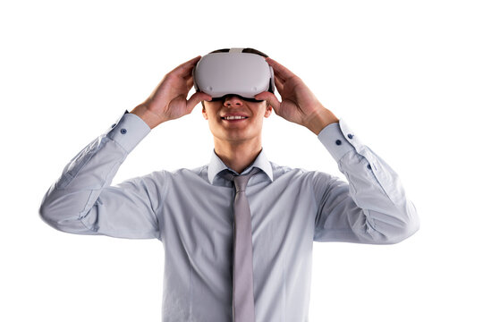 Confident businessman exploring virtual reality, silver tie, isolated on white. Futuristic tech concept