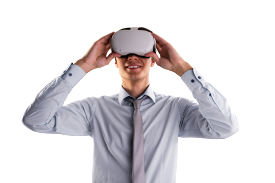 Confident businessman exploring virtual reality, silver tie, isolated on white. Futuristic tech concept
