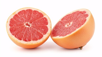 Two ripe halves of blush grapefruit citrus on a white backdrop.