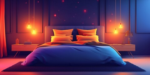 Illustration of a contemporary bed with bedding, blankets, and bedside lights.