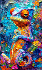 Colorful Chameleon on a colorful background.	
