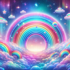 Fototapeta na wymiar Rainbow unicorn background. Pastel glitter pink fantasy galaxy. Magic mermaid sky with bokeh. Holographic kawaii abstract space with stars and sparkles. Vector