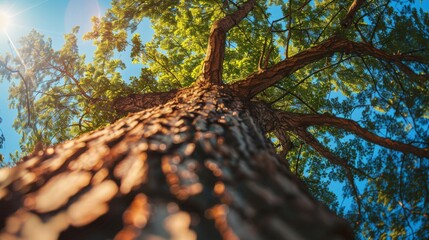 Large tree view from below. Closeup tree trunk with bark and branches with leaves. An unusual perspective on the forest and nature
