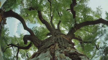 Large tree view from below. Closeup tree trunk with bark and branches with leaves. An unusual perspective on the forest and nature