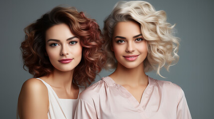 Two women with wavy hair showcasing modern hairstyles and makeup