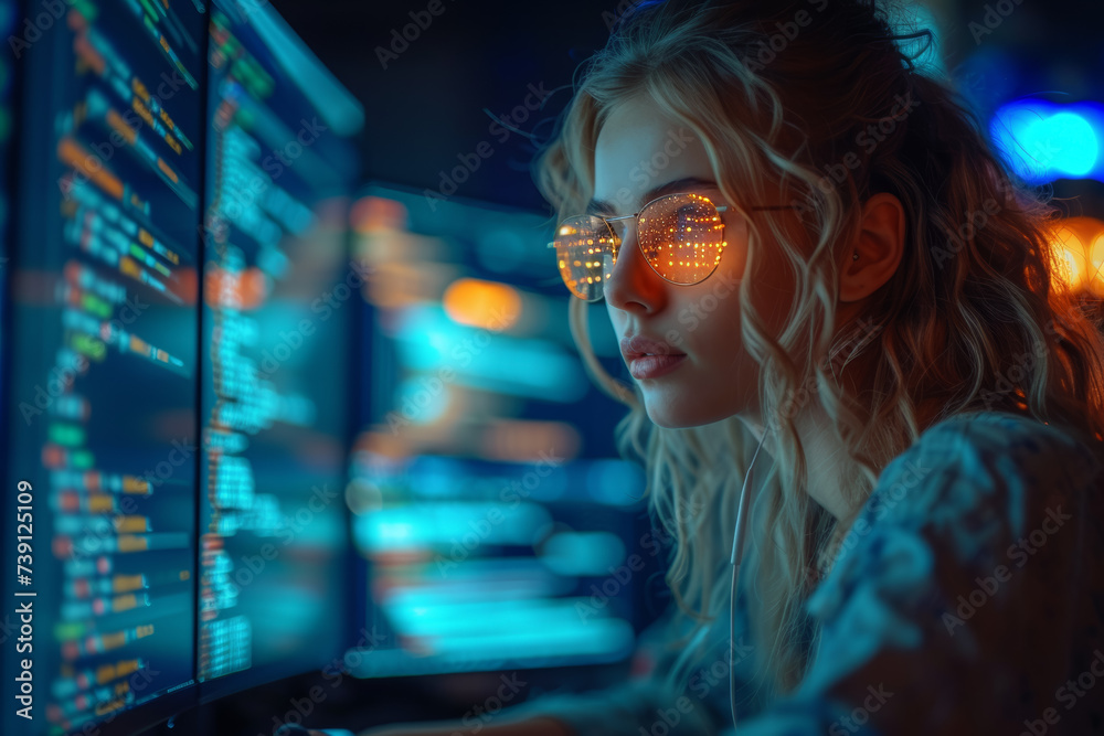 Poster a tech-savvy woman coding and programming on her computer, breaking barriers and excelling in the fi