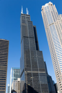 Chicago skyline with The Willis Tower (formerly Sears Tower) taken from Chicago river in Chicago, USA