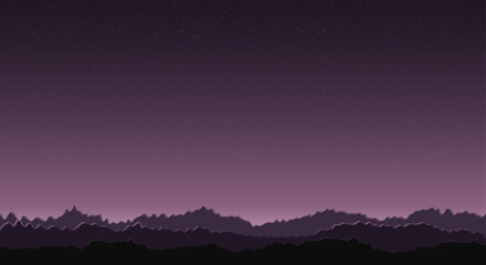 sunset in the mountains, purple background night sky with stars