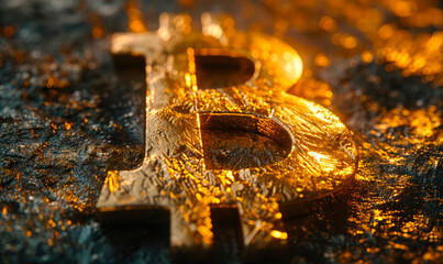 Golden Bitcoin Symbol on a Textured Surface Radiating with Glowing Edges, Representing Cryptocurrency Investment and Blockchain Technology