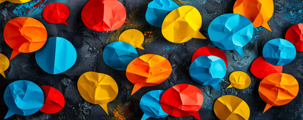 Multicolored paper speech bubbles scattered on a dark textured background, symbolizing diverse communication, social media dialogue, and community engagement - obrazy, fototapety, plakaty