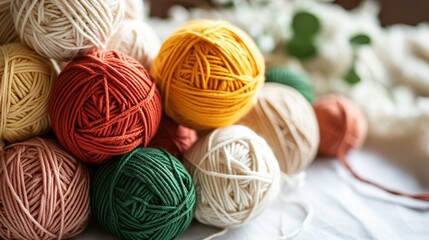 Knitting. Balls of cotton and wool yarn in warm tones on a white table. Boho, bed tones, orange, pink, turquoise, hobby - obrazy, fototapety, plakaty