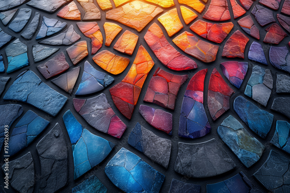 Poster a digital mosaic pattern, composed of intricate tiles forming a cohesive visual, representing the un