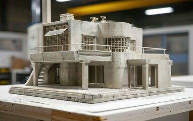 White modern concrete building printed with a 3d printer. Minimalistic architecture mockup standing in a warehouse. AI Generative.