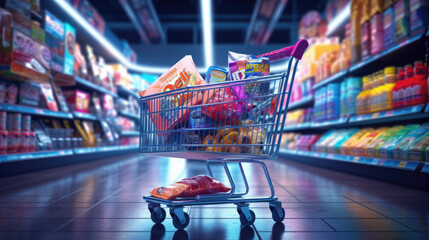 Shopping in supermarket by supermarket cart in motion blur - obrazy, fototapety, plakaty