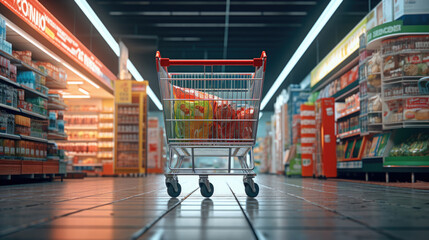 Shopping in supermarket by supermarket cart in motion blur - obrazy, fototapety, plakaty