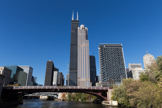 Chicago skyline with The Willis Tower (formerly Sears Tower) taken from Chicago river in Chicago,USA
