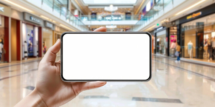 Vertical mockup image of a person holding and showing white mobile phone with blank black desktop screen in supermarket mall with passing people on background. Shopping advertising advert concept
