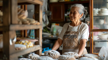 Elderly woman working in bakery coffee shop