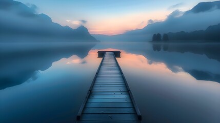 Calm Lake at Twilight with Reflective Water and Dock