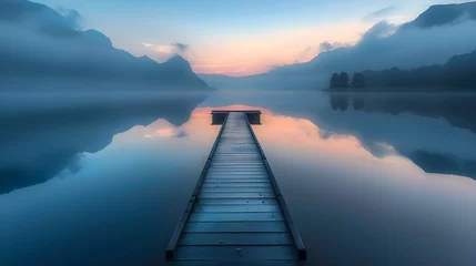 Fotobehang Calm Lake at Twilight with Reflective Water and Dock © DigitalNomadPN