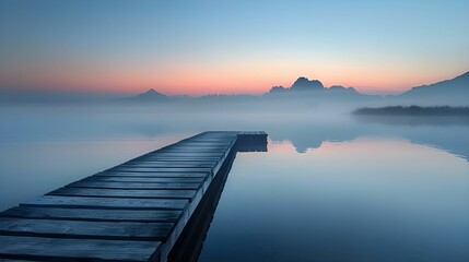 Misty Dawn at Lake with Wooden Pier and Mountain View