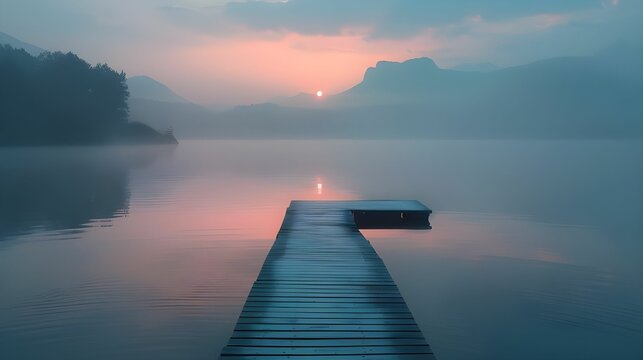 Serene Lake Sunrise with Misty Mountains and Dock