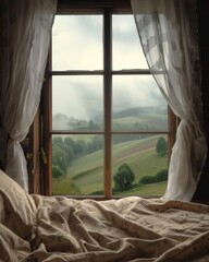 Bed by Window Overlooking Green Field