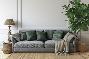 Living room interior with gray velvet sofa, pillows, green plaid, lamp and fiddle leaf tree in wicker basket on white wall background. 3D rendering.