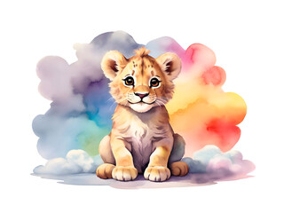 Watercolor painting of a cute little lion sitting on colourful rainbow cloud, isolated on transparent background. Safari animal illustration for design, greeting card, template, artwork, wallpaper