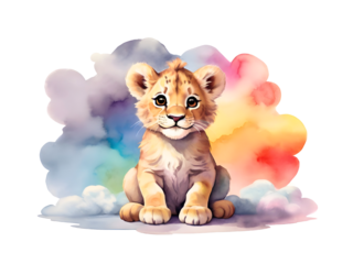 Watercolor painting of a cute little lion sitting on colourful rainbow cloud, isolated on transparent background. Safari animal illustration for design, greeting card, template, artwork, wallpaper
