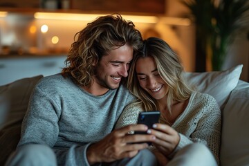 Look at whats trending online today. a happy young couple using a cellphone together while relaxing on a couch at home - obrazy, fototapety, plakaty