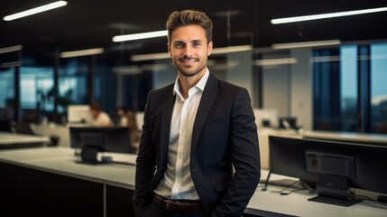 Portrait of a successful young man, boss, entrepreneur, company director, businessman wearing glasses and a stylish suit, looking at the camera in a modern office.