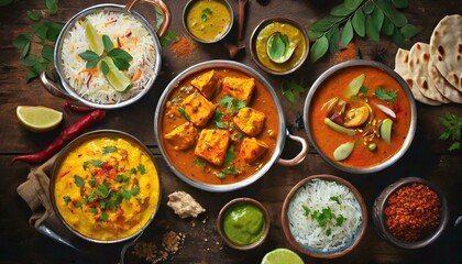 Fototapeta na wymiar Assorted various Indian food on a dark rustic background. Traditional Indian dishes Chicken