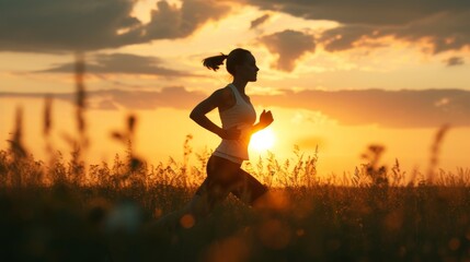 Woman Running in Field at Sunset