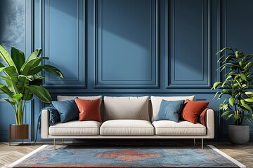 Mock up wall in steel blue modern interior background, living room, Scandinavian style, 3D render, 3D illustration