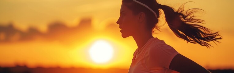 Woman Running at Sunset With Sun in Background
